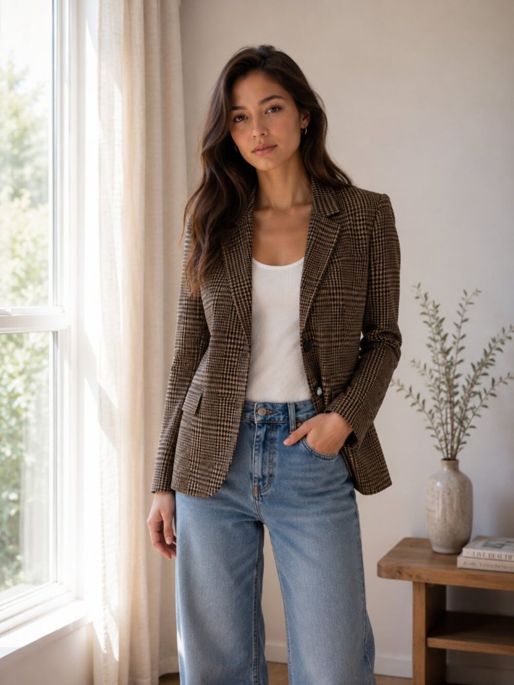 Maje Brown Plaid Tailored Blazer Padded Shoulder NWT 36 0786